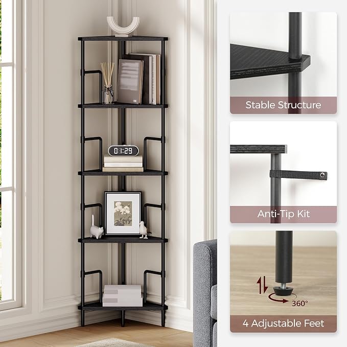 MAHANCRIS 52.8" Corner Shelf, 5-Tier Industrial Corner Bookshelf - Image 4