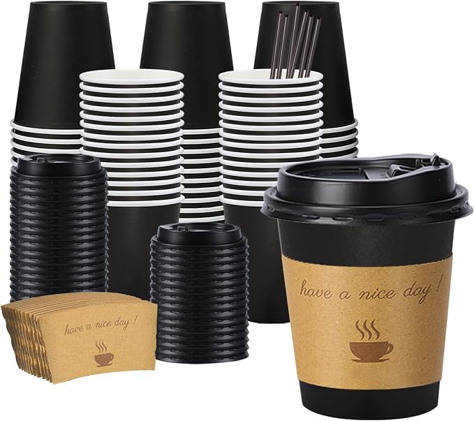 Lamosi 10 oz Coffee Cups with Lids 100 Pack, Disposable Coffee Cup with Stir by BuyNow