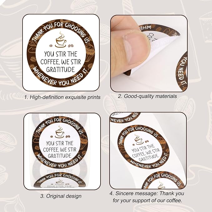 Coffee Thank You Stickers Roll, Exquisite Coated Paper Cafe Thank You Stickers - Image 4