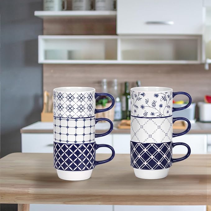 Schliersee 12 OZ Stackable Ceramic Coffee Mugs set of 6, Geometric Floral - Image 3