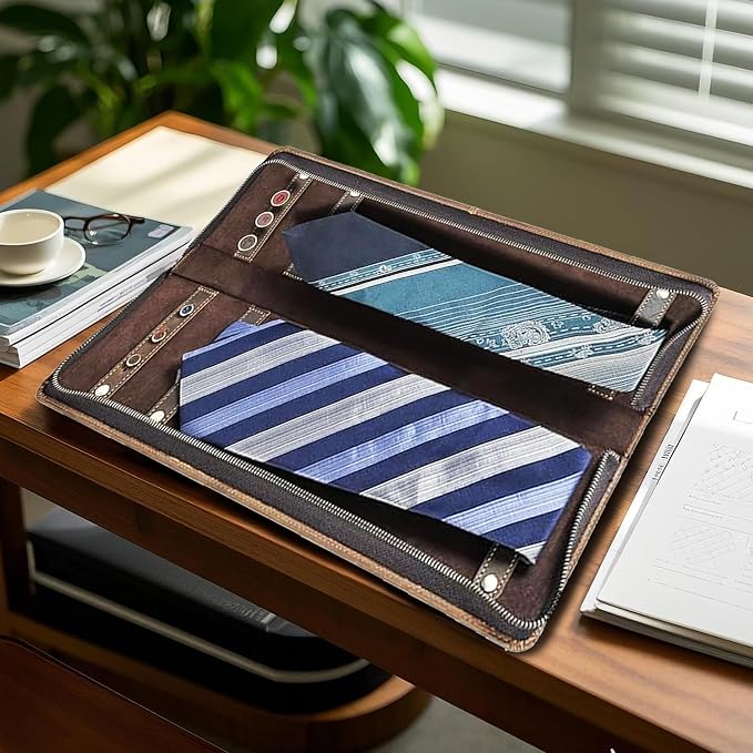 Travel Ties Case, Genuine Leather Portable Necktie Cufflinks Storage Box - Image 2