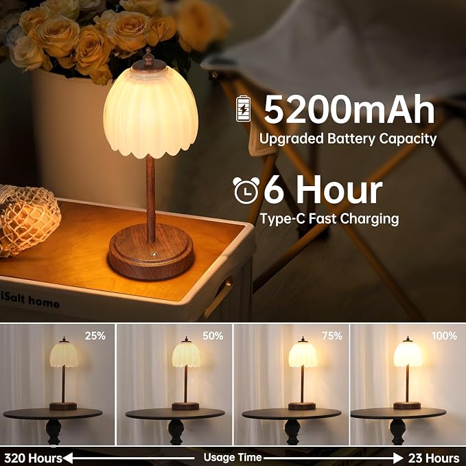 Shenmoyl Tulip Table Lamp with 5200mAh Battery & Touch Control, Small Cordless - Image 2