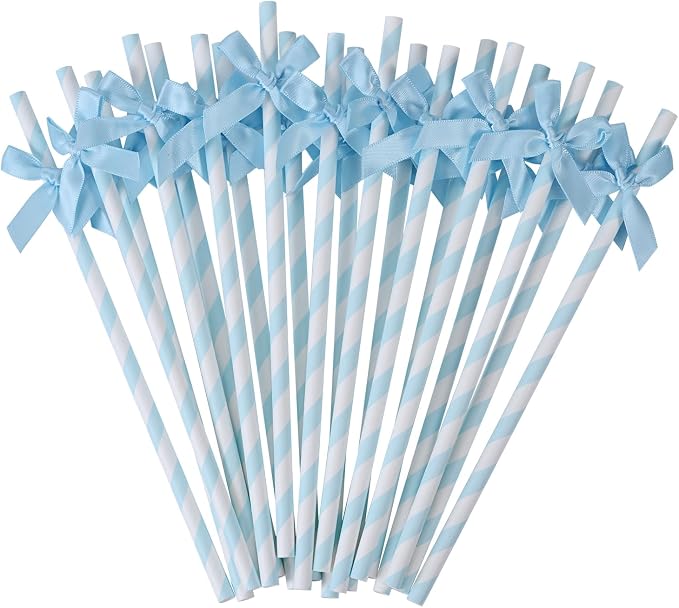 20pcs Blue Bow Straw, 7.7inch Biodegradable Cute Paper Cake Pops Treat Sticks by Nicime