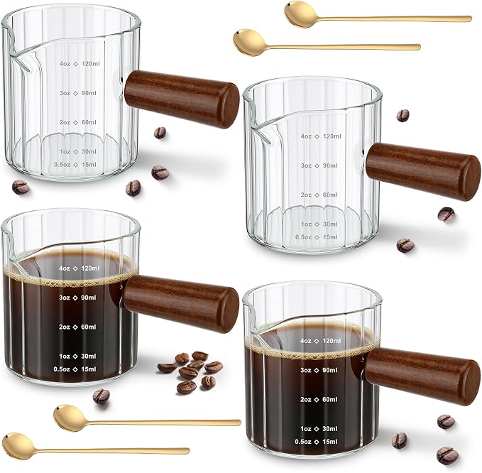 Espresso Cups Set of 4 with 4 Gold Spoons, 4 oz Espresso Shot Glasses with Wood by Unknown
