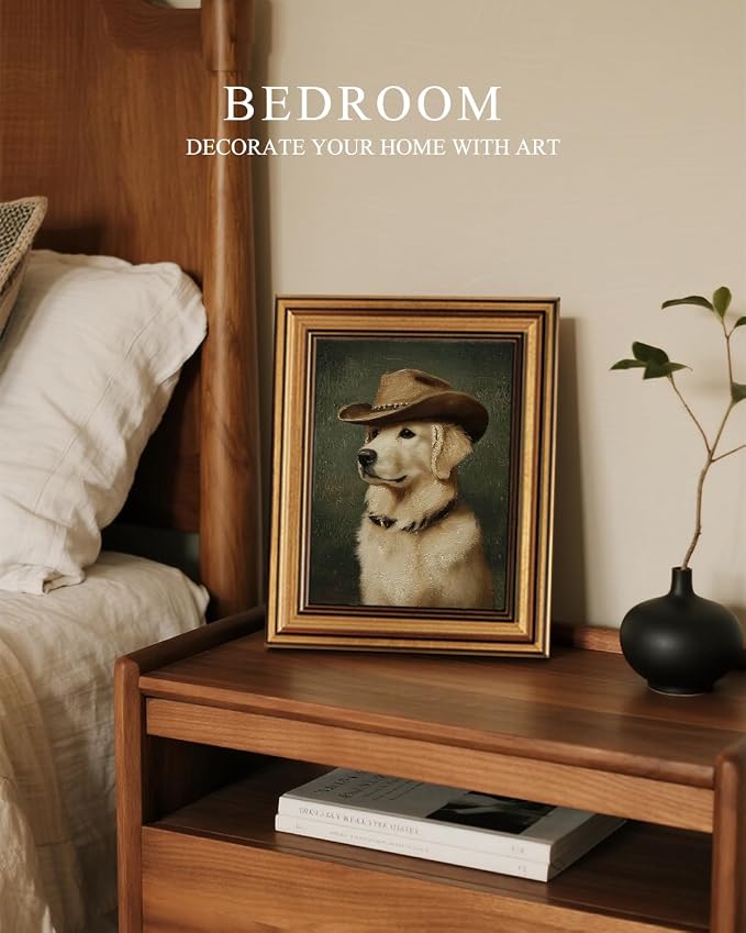ARPEOTCY Gold Framed Canvas Wall Art, 8x10 Inch Funny Cowboy Dog Portrait - Image 3