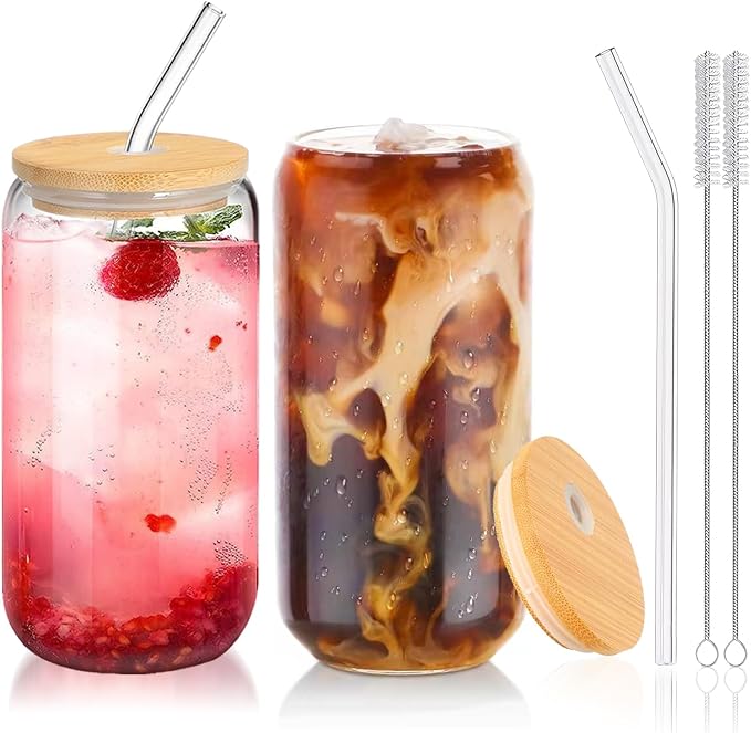 Glass Cups with Lids and Straws 2 Pack, 16 oz Iced Coffee Cups with Bamboo Lids by DAMCONME