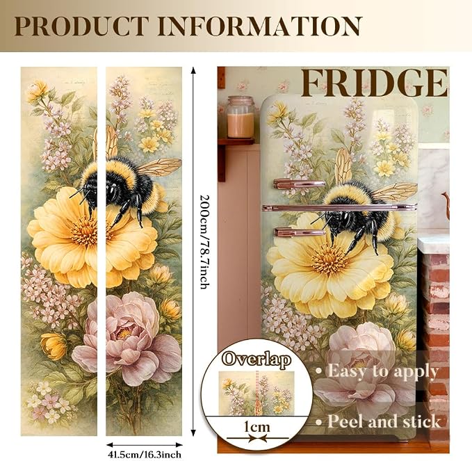 2 Pcs Bee Flower Removable Refrigerator Wraps, Self-Adhesive Vintage Floral Bee - Image 2