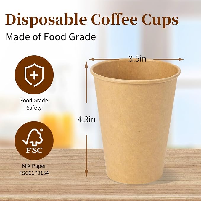 RACETOP 300 Pack 12 oz Coffee Cups, Disposable Coffee Cups, Kraft Paper Cups - Image 6