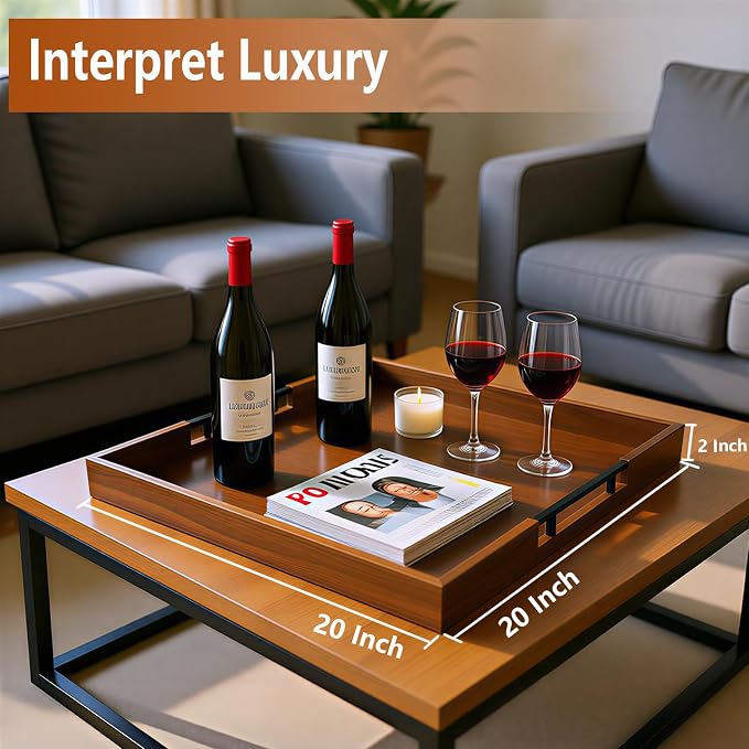 20 Inch Large Square Ottoman Tray, Premium Acacia Wooden Serving Tray - Image 2