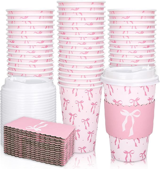 Whaline 50 Set Pink Bow Disposable Coffee Cups by Whaline