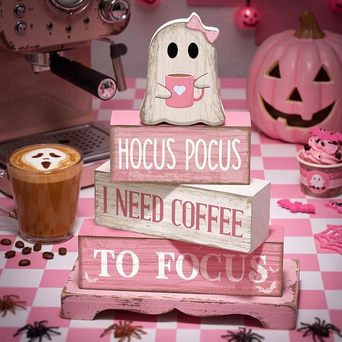 Moucuny 4 Pcs Pink Halloween Table Decorations Coffee Ghost Wooden Stacked - Image 2