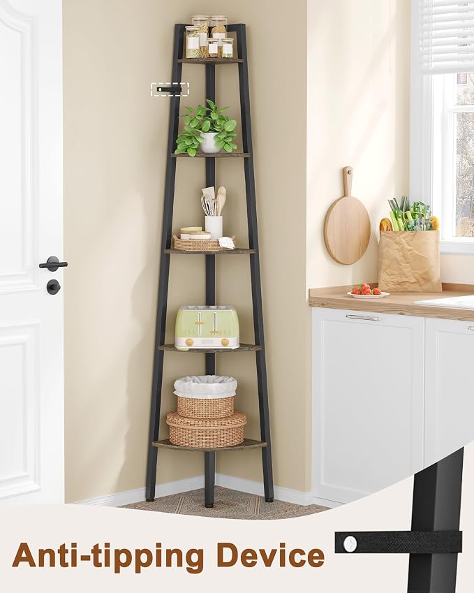 Hoctieon Corner Shelf, 5-Tier Corner Bookshelf, Rustic Ladder Shelf, Industrial - Image 3