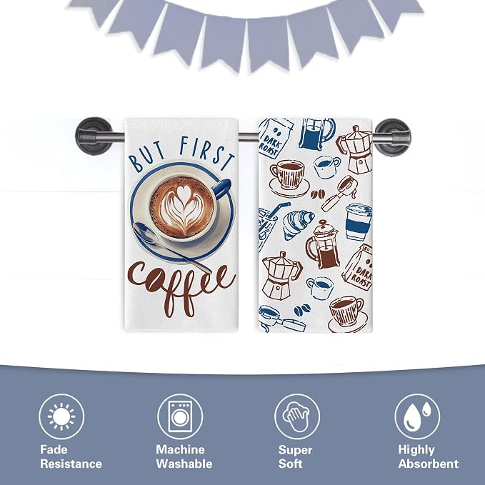 But First Coffee Kitchen Dish Towels Set of 2, Coffee Bean Utensils Cup Bread - Image 6