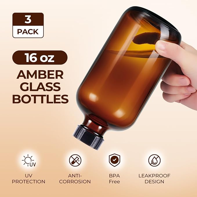 3 Pack, 16 OZ Amber Glass Bottles Boston Round Sample Refillable Bottles - Image 3