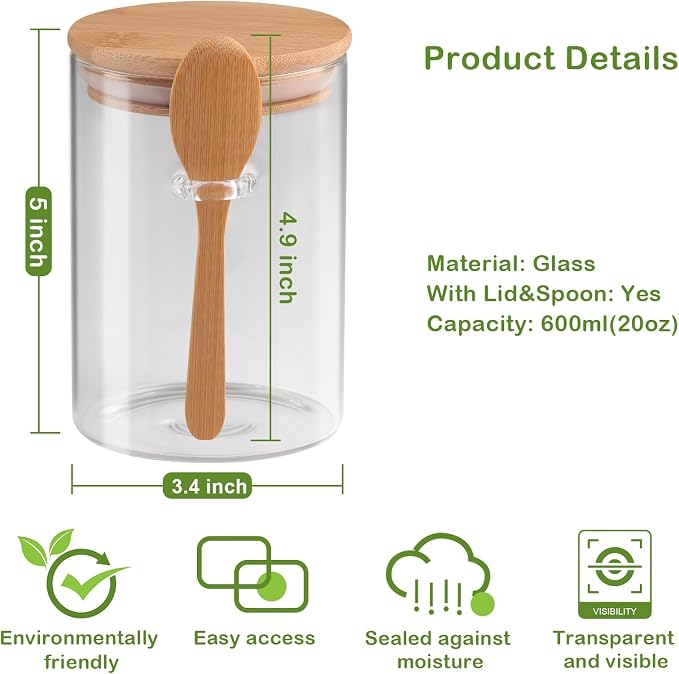 Set of 4 Clear Glass Jars with Airtight Bamboo Lids & Spoons 20 oz, Food - Image 6