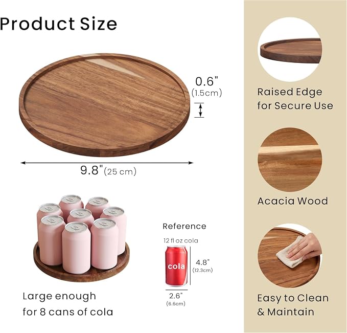 VERTORGAN Acacia Wood Serving Tray, 9.8 Inch Decorative Trays Platter - Image 5