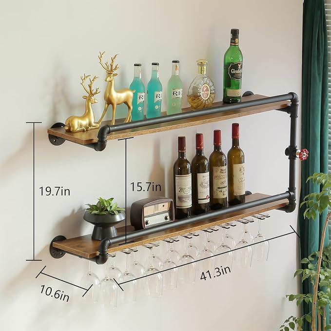 41 Inch Wine Rack Wall Mounted 2 Tier, Hanging Floating Bar Liquor Shelves - Image 2