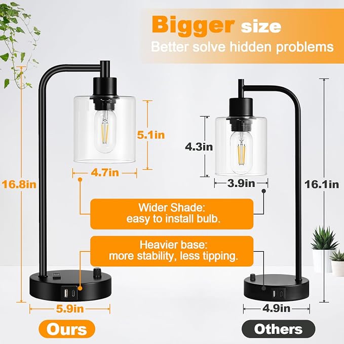 Industrial Table Lamp with USB A+C Ports and Outlet, Fully Stepless Dimmable - Image 3
