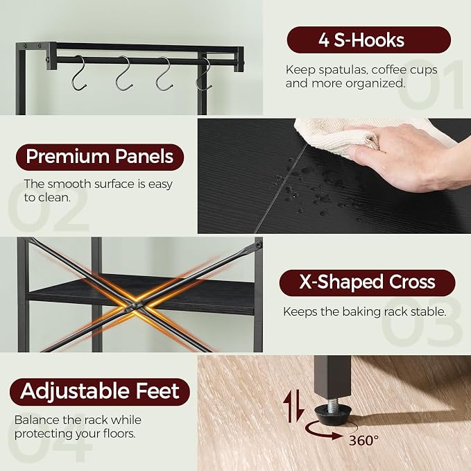 MAHANCRIS Bakers Rack with Drawer, Microwave Stand with Power Outlet, Coffee - Image 4