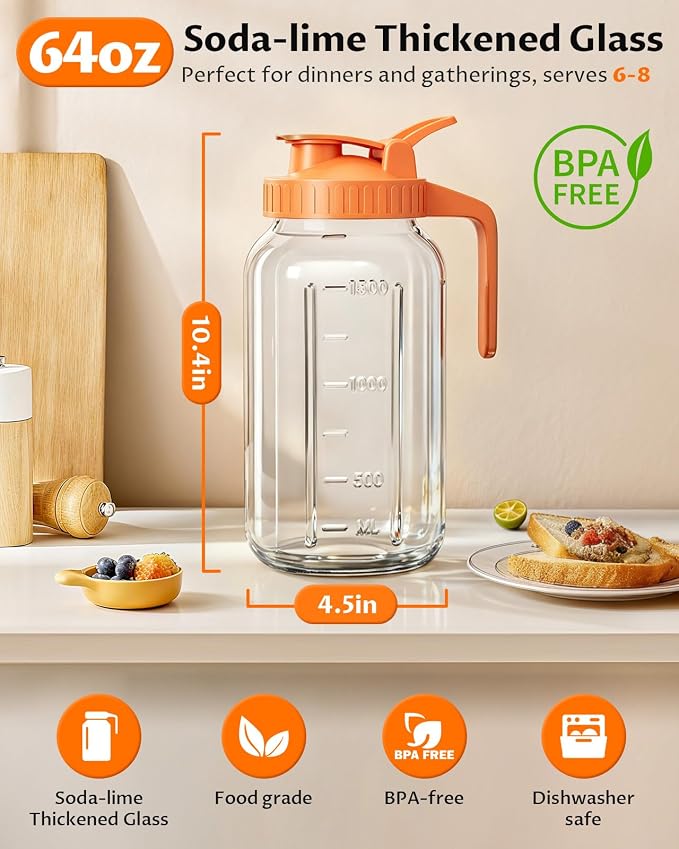 Glass Pitcher with Airtight Lid and Spout, 64oz Mason Jar Pitcher - Image 2