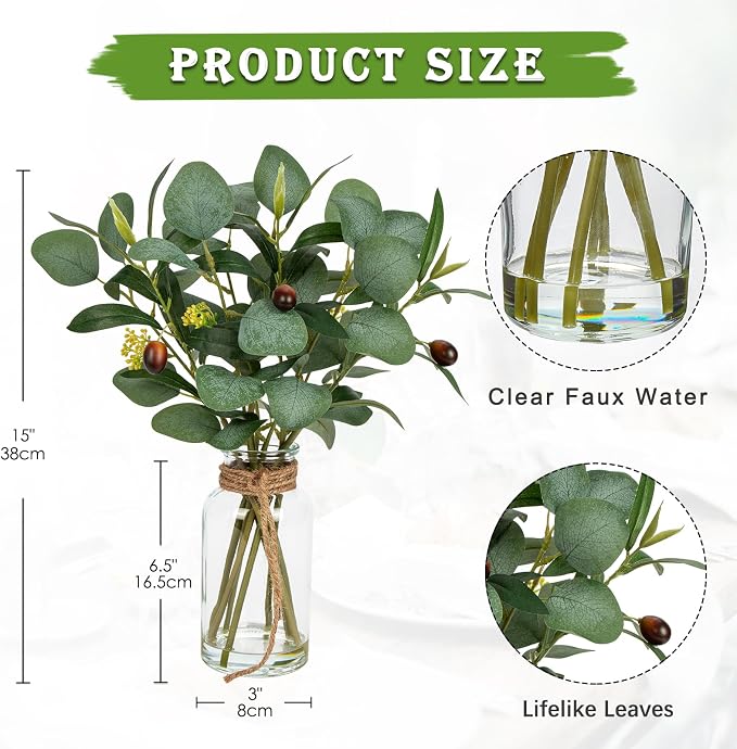 Briful Artificial Eucalyptus Stems in Glass Vase - Image 2