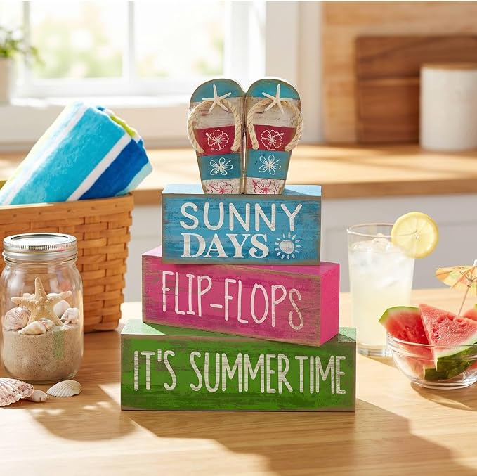 Lineshading 4 Pcs Summer Table Decorations Wooden Flip-flop Stacked Block Decor - Image 5