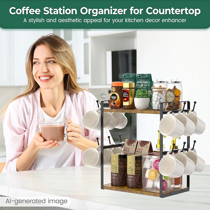 EsLuker.ly Coffee Station Bar Organizer Mug Holder Stand Countertop, 2 Tier Mug - Image 7