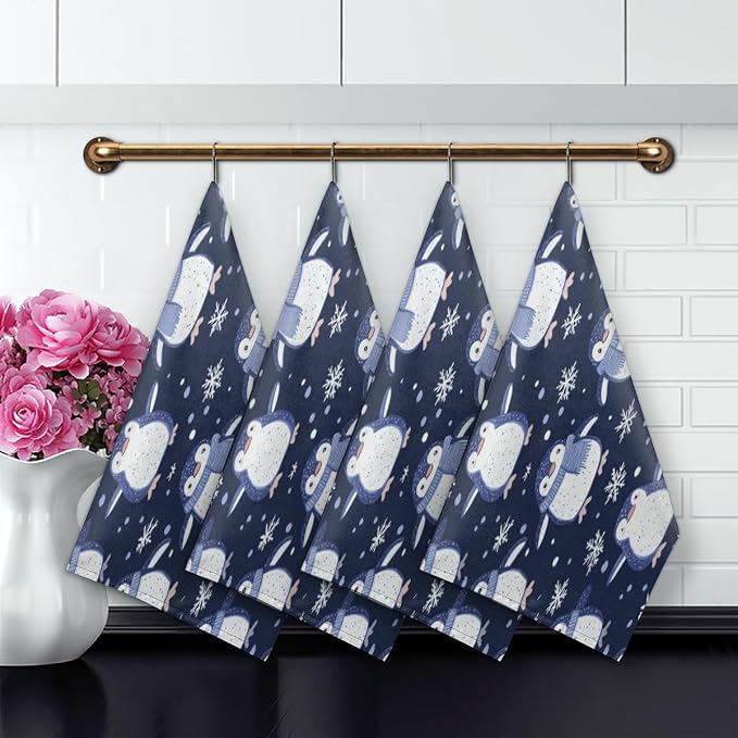 Winter Penguins Kitchen Towels Set of 2 Xmas Snowflakes Dish Towels Bar - Image 4