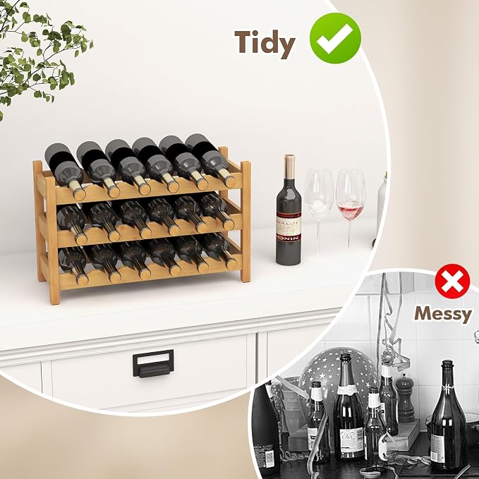 Giantex Bamboo Wine Rack, 3-Tier 18 Bottle Storage Cabinet Shelf, Small Bottle - Image 5