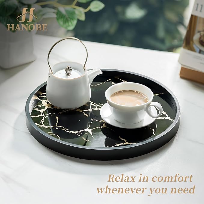 Hanobe Decorative Tray for Home Decor: Black Imitation Marble Round Serving - Image 6