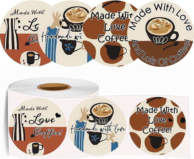 500 Pcs Made with Love & Coffee Stickers 2 Inch Coffee Themed Thank You - Image 2