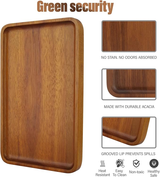 1 pcs 13"x 9" Solid Acacia Wood Serving Tray Rectangular Wooden Serving Platter - Image 3