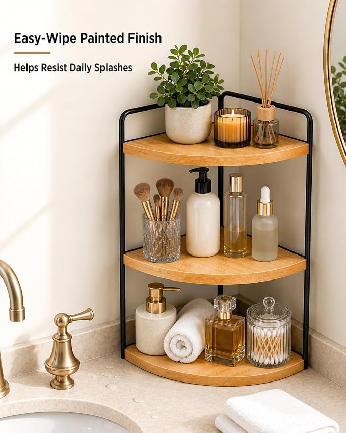 3-Tier Corner Bathroom Countertop Organizer, Solid Pine Wood Vanity Shelf | - Image 2