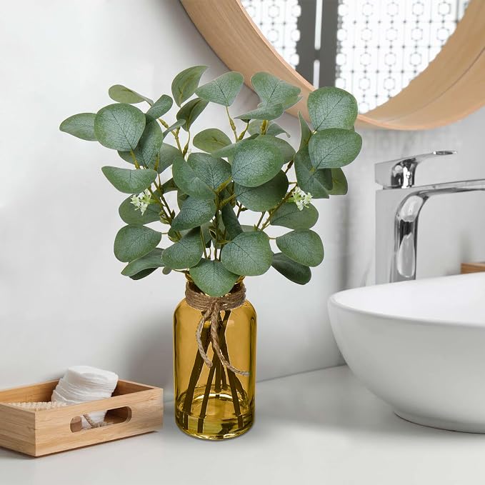 Briful Artificial Eucalyptus Stems in Amber Glass Vase - Image 3
