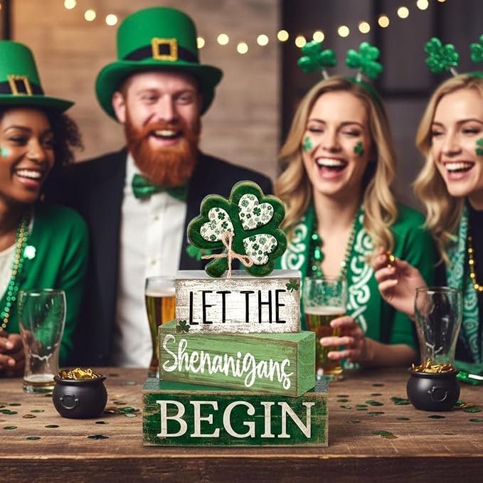 Lineshading 4 Pcs St Patricks Day Table Decor Wooden Shamrocks St Patrick's Day - Image 4