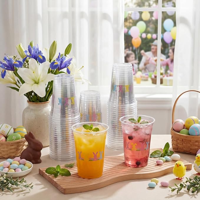 100 Pack Bunny Plastic Cups 16 oz Clear Pastel Rabbit Disposable Cups - Image 4