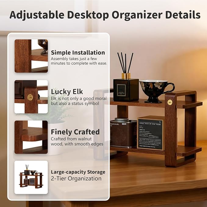Coffee Station Organizer for Kitchen Walnut Wooden Countertop Mug Holder 2 Tier - Image 3