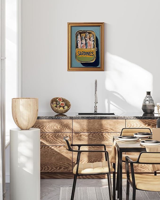 ARPEOTCY Gold Framed Canvas Wall Art, 12x16 Inch Vintage Sardines Can Painting - Image 3