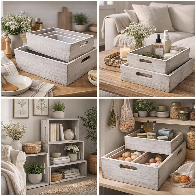 Oojami 4 Pack Nesting Wooden Storage Crates – Decorative Whitewashed Wood Boxes - Image 8