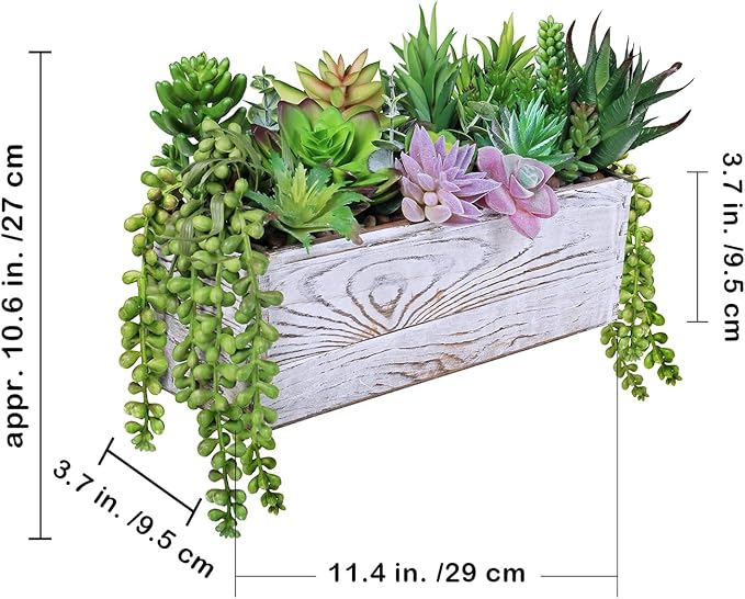 Winlyn 19 Pcs Assorted Artificial Succulents in Rectangular Wooden Pot - Image 4
