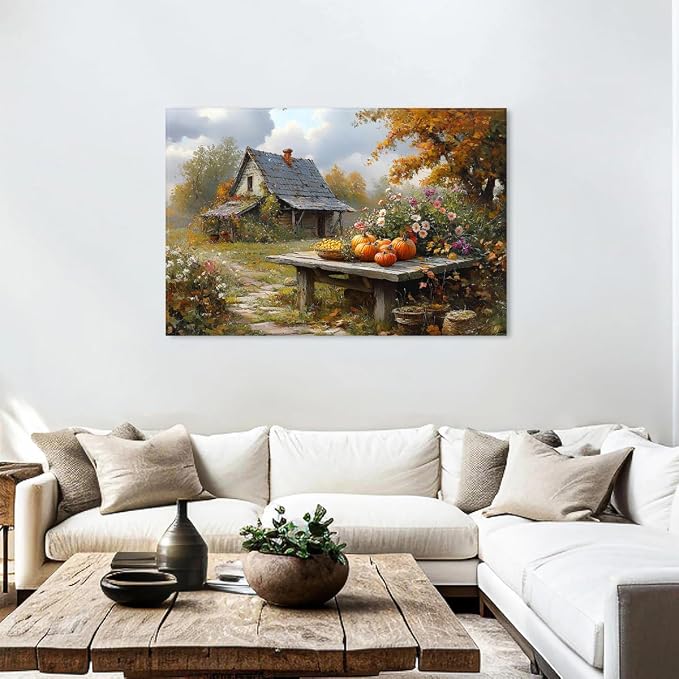 Large Country Autumn Landscape Wall Art Fall Pumpkin Picture Canvas Prints - Image 4