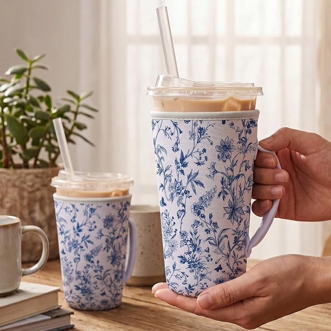 Blue Floral Reusable Insulated Iced Coffee Cup Sleeve, Flower Insulated Cup - Image 4