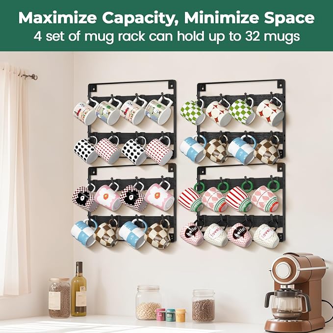 EsLuker.ly Mug Holder Hanger Rack Wall Mounted Wooden 4 Pack Coffee Cup Storage - Image 5