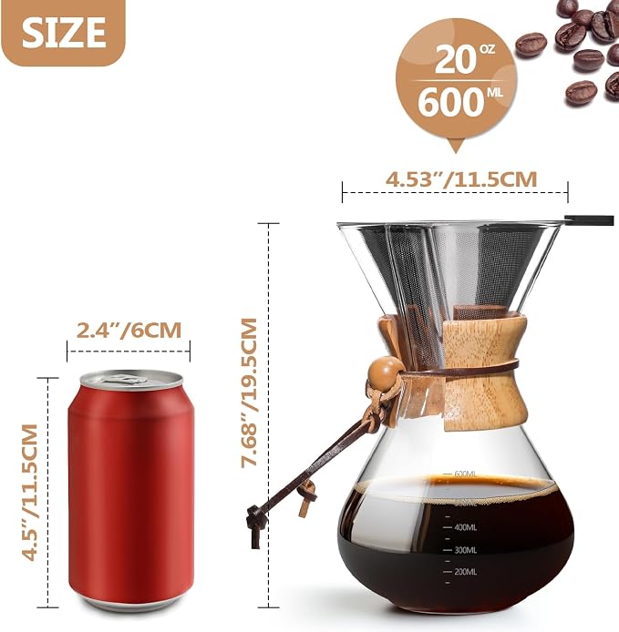 Pour Over Coffee Maker 20 OZ, 6 Cup Borosilicate Glass Drip Coffee Maker - Image 4