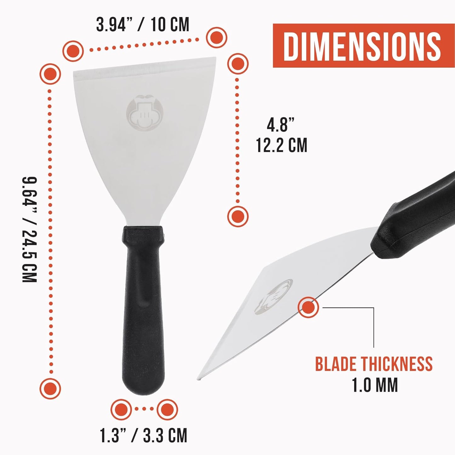 Chef Pomodoro Pizza Dough Scraper Tool 4" (10 cm), Bench Scraper with Handle, Stainless Steel Bench Knife and Metal Chopper for Kitchen, Bread Spatula, Pastry Tool for Food and Baking
