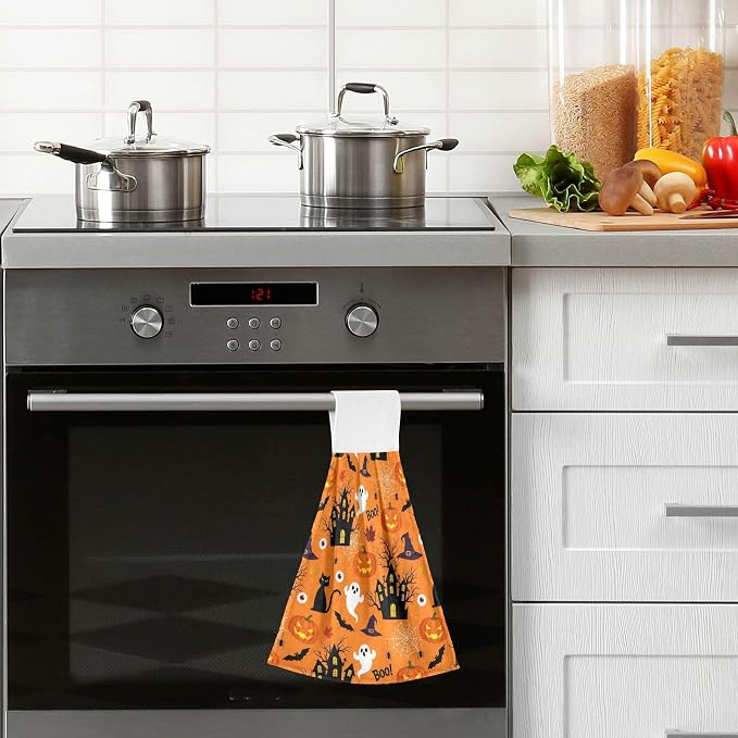 Happy Halloween Pumpkins Spooky Kitchen Hanging Towel 12 x 17 Inch Spider Web - Image 2