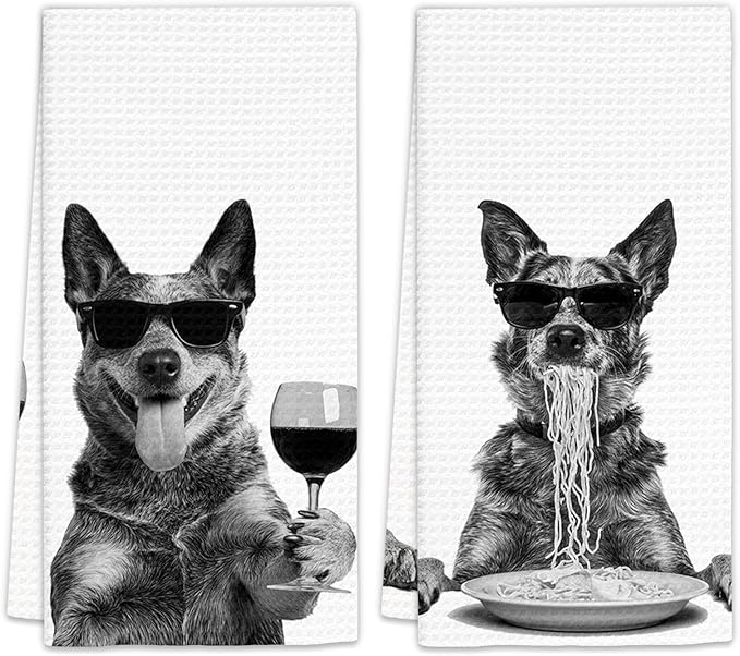 Blue Heeler Gifts Wine Kitchen Towels Set of 2, Funny Dog Eating Pasta by FIicy