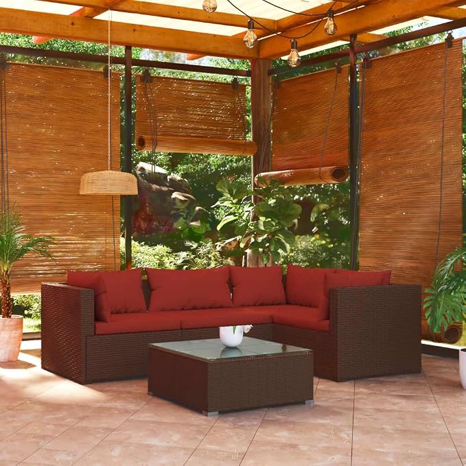 5 Piece Garden Lounge Set with Cinnamon Red Cushions, Modular PE Rattan Patio - Image 2