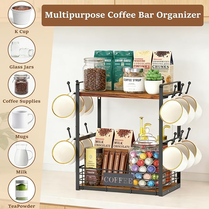 Coffee Mug Rack with 12 Hooks, 2-Tier Coffee Cup Holder with Shelf and Storage - Image 3