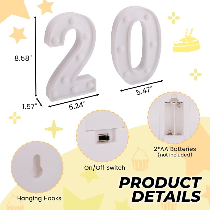 20th Birthday Decoration Light Up Letters, Battery Powered LED Numbers Marquee - Image 2